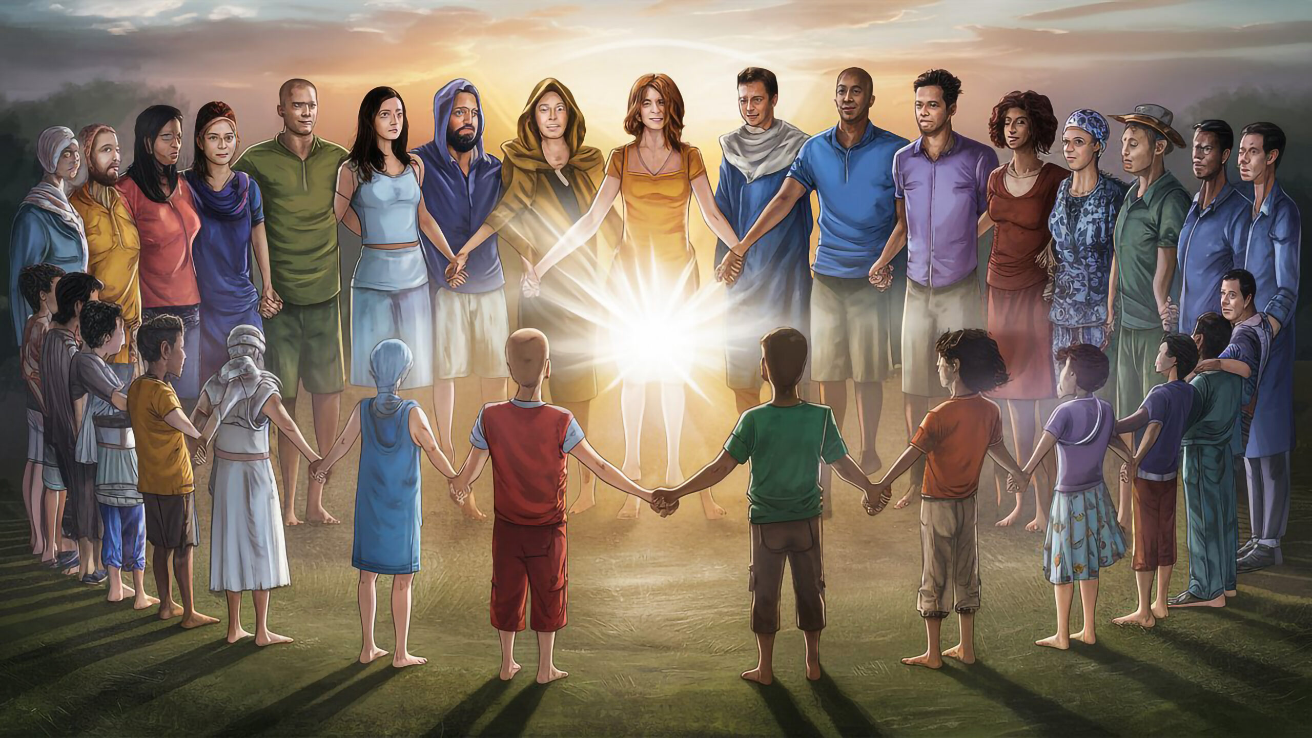 A diverse group of people holding hands in a circle with sunlight shining on them, symbolizing the unity and connection of a soul family. How many souls are in a soul family?