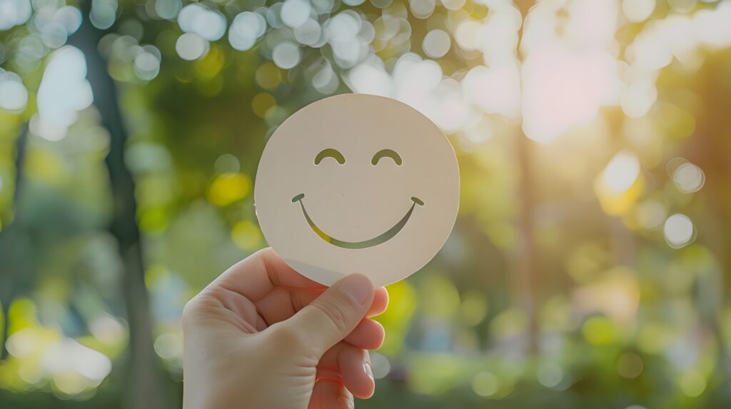 Hand holding a paper cutout of a smiling face, symbolizing high vibration, positive thinking, and mental health