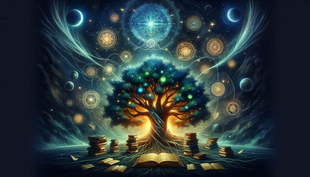 A majestic tree with glowing orbs standing amidst cosmic wonders, surrounded by celestial bodies, symbolizing the interconnectedness of ancestors, abundance, and the power of money affirmations.







