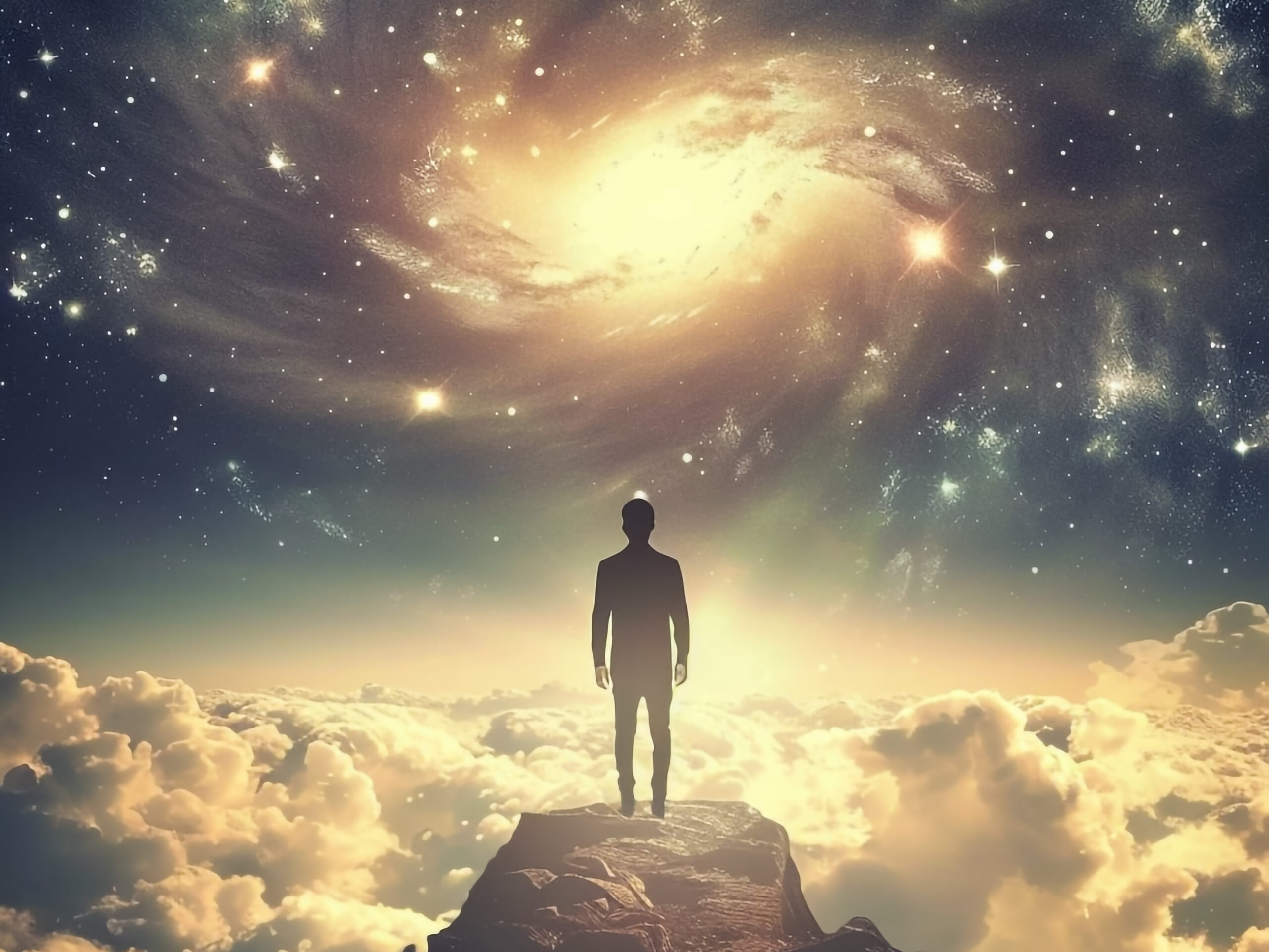 Silhouette of a man standing on a rocky peak above the clouds, gazing at a star-filled galaxy, symbolizing higher self, spiritual growth and exploration of the universe