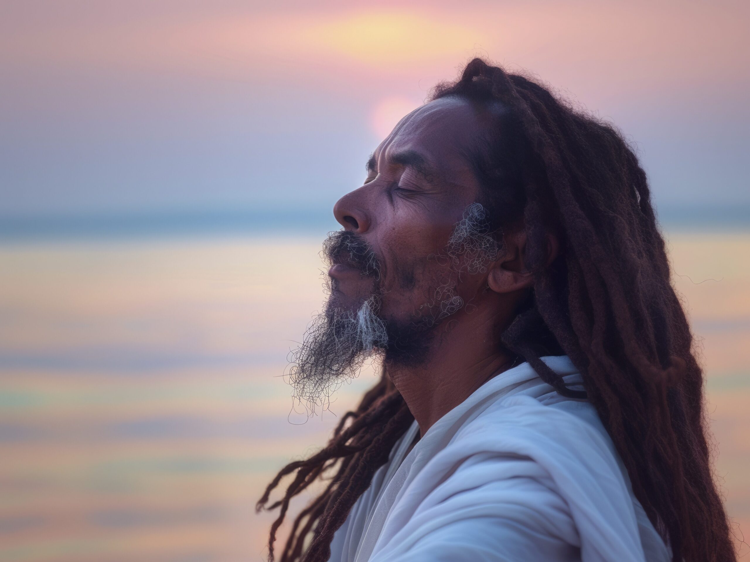 Portrait of a man with dreadlocks meditating by the water at sunset, symbolizing peace, spiritual growth, and connection to nature