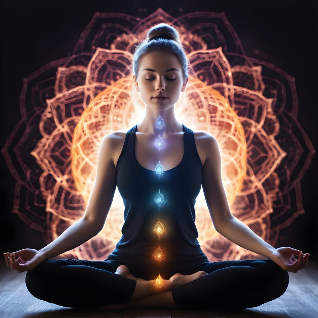 Illustration of a woman meditating in a lotus pose with glowing chakras aligned along her body, surrounded by an intricate mandala, symbolizing spiritual growth and energy balance