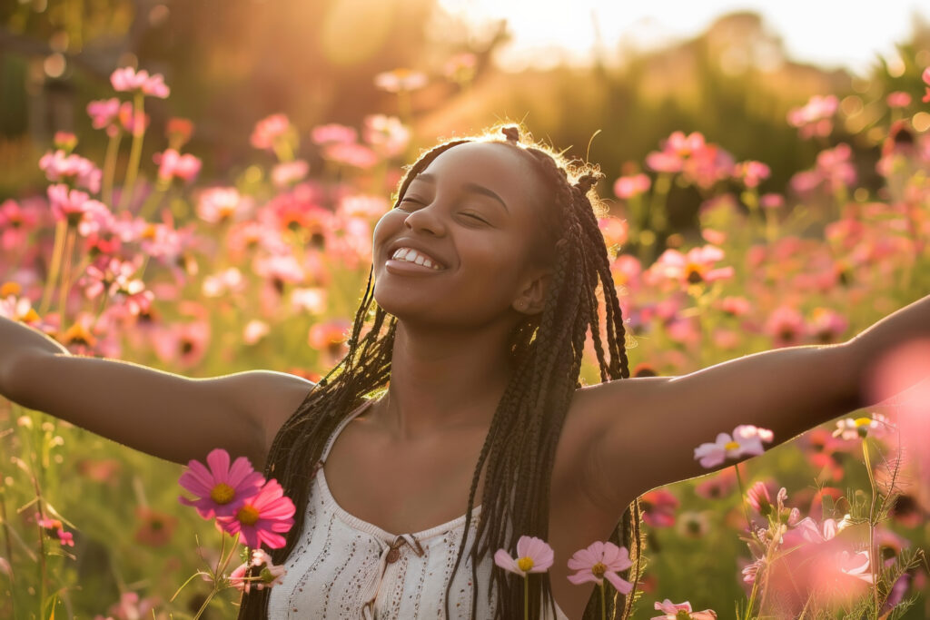 A woman with braids smiling with arms outstretched in a field of pink flowers, basking in sunlight, illustrating the joy and positivity of how to raise your vibration.