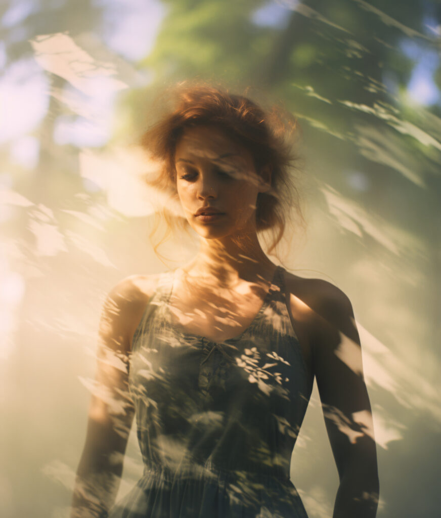 A woman standing in a serene environment with a double exposure effect, symbolizing the process and benefits of energy cleansing.