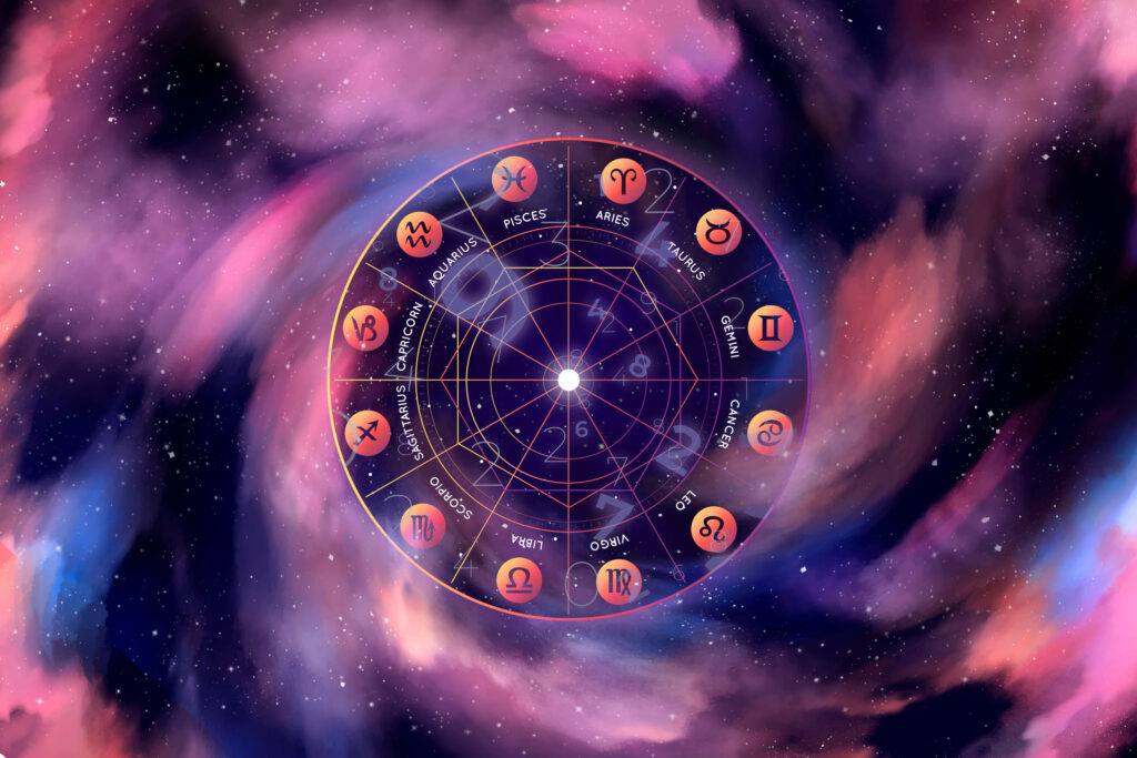 Illustration of a zodiac wheel with astrological signs set against a colorful cosmic background, symbolizing astrology, karmic wheel and spiritual growth