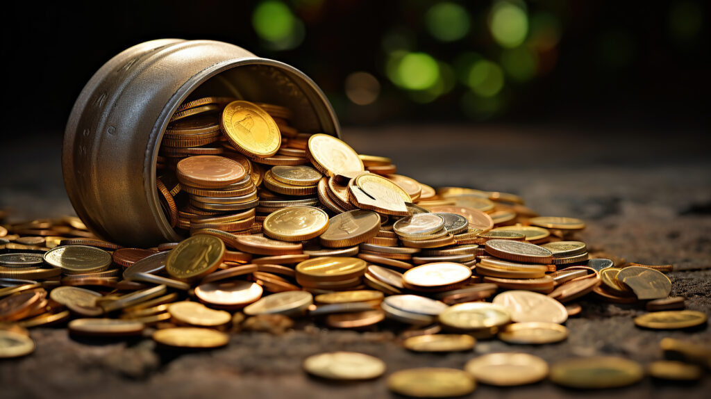 A jar overflowing with gold coins, symbolizing both savings and the financial abundance achievable through powerful money affirmations