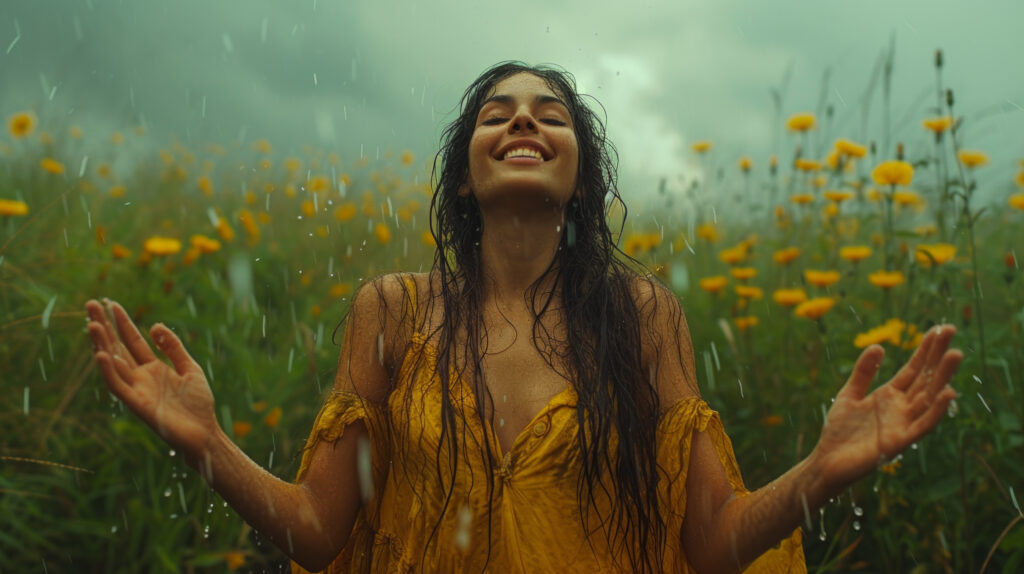 A person in a yellow dress smiling and raising their arms joyfully in a field of yellow flowers, enjoying the rain, illustrating the concept of how to raise your vibration.