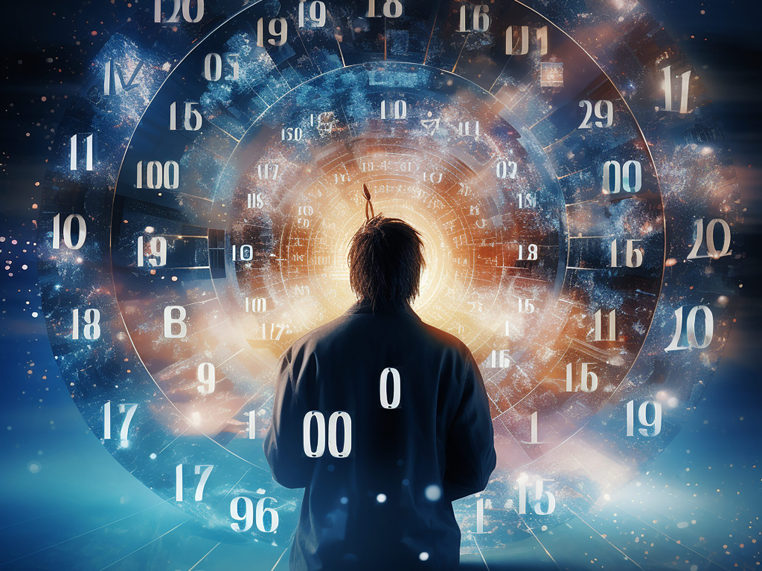 Person gazing at a cosmic vortex filled with numbers and celestial elements, symbolizing the connection between numerology, time, and the universe.






