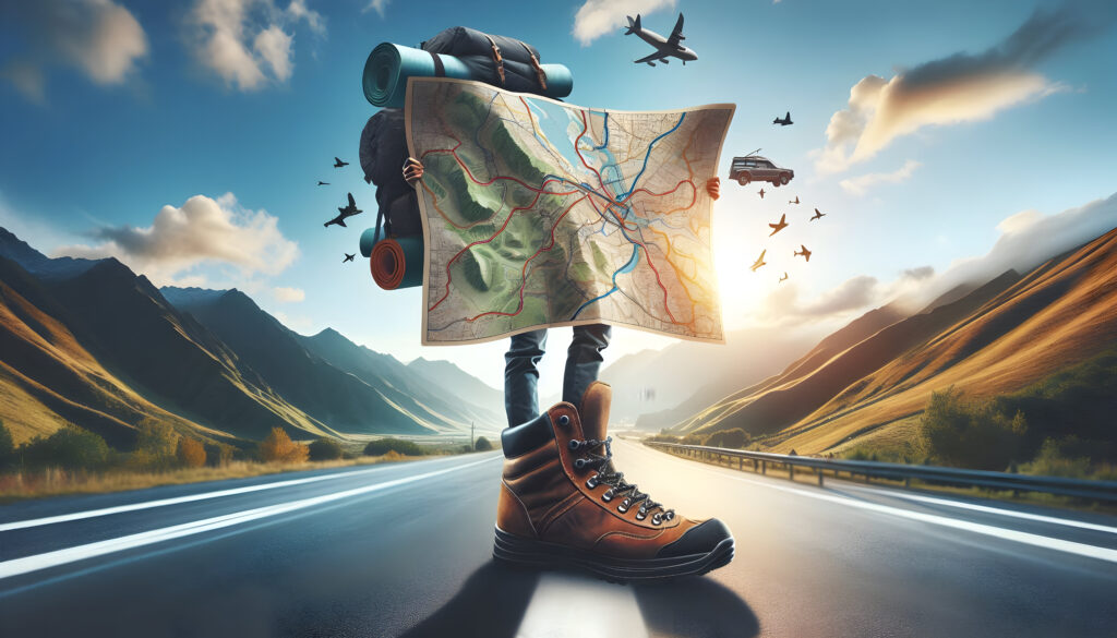 Photo-realistic concept of a person with a road map and hiking boots, symbolizing the journey and exploration during a transition phase, set against a scenic mountain pass and a clear, blue sky