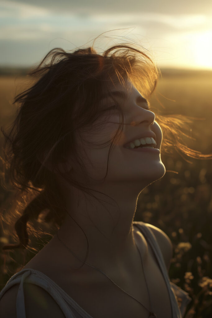 Smiling woman in a photorealistic scene radiating high vibration and happiness, basking in the golden sunlight.