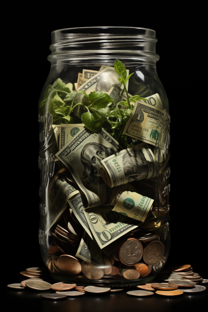 A jar filled with dollar bills and coins, symbolizing the growth and financial abundance achievable through effective money affirmations.