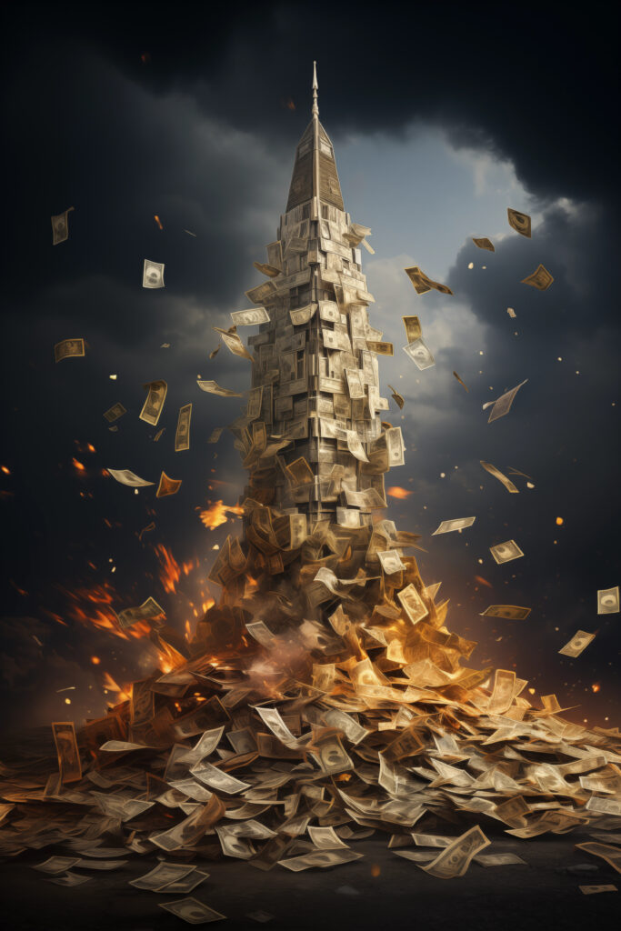 Tower of dollar bills amidst a dramatic, stormy background, symbolizing the towering potential and explosive growth achievable through money affirmations and financial abundance.