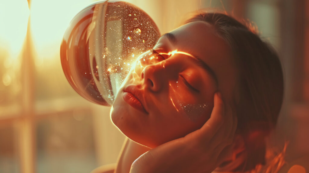 A woman with closed eyes, bathed in warm light with an abstract, glowing sphere near her face, symbolizing the rejuvenating process of energy cleansing.