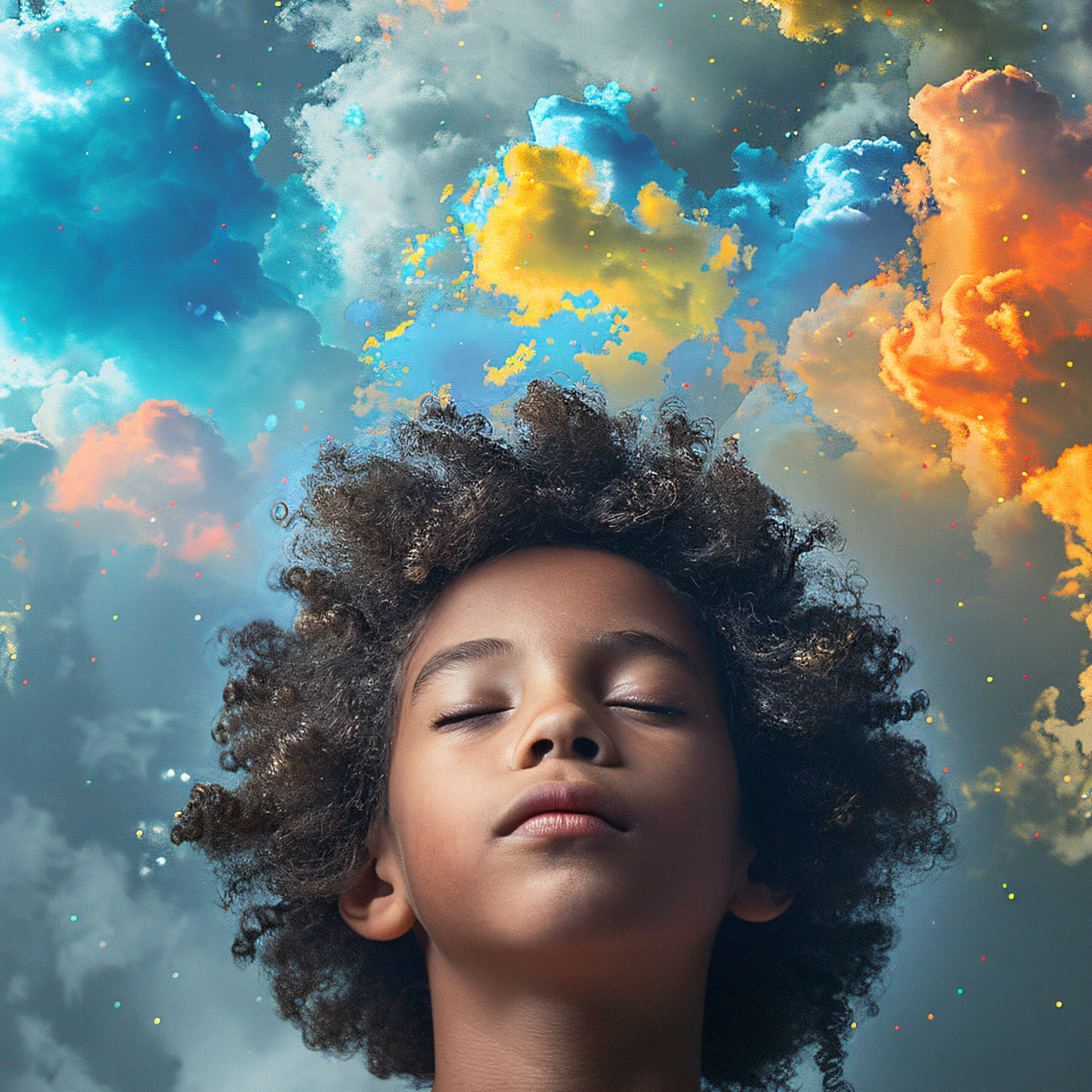 Portrait of a young child with closed eyes and a serene expression, with vibrant, colorful clouds in the background, symbolizing imagination and inner peace