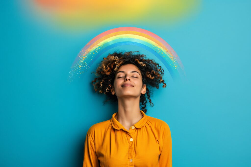 Person with closed eyes, radiating high vibration and happiness, with a rainbow arching above their head, symbolizing positive thoughts.