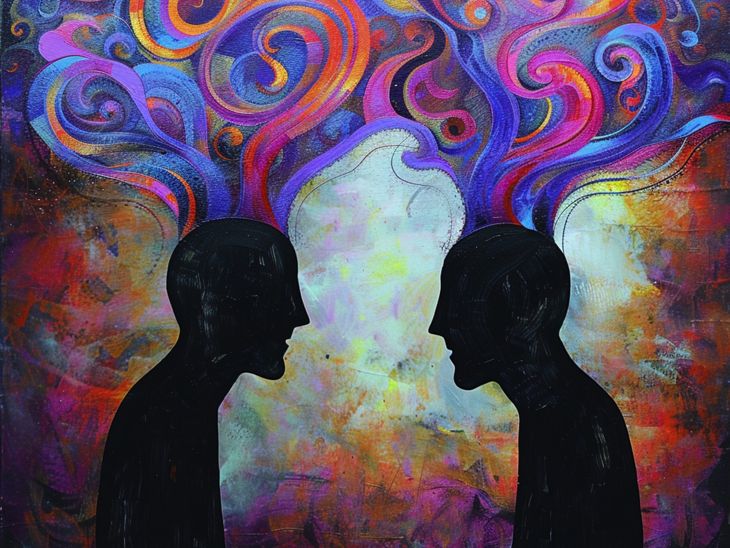 Abstract illustration of two silhouettes facing each other with colorful, swirling patterns emanating from their heads, symbolizing deep thought and spiritual connection