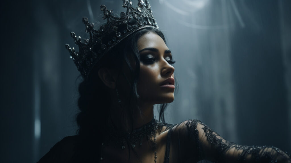 A regal depiction of dark feminine archetypes, showcasing a queen with a commanding presence and an elegant crown