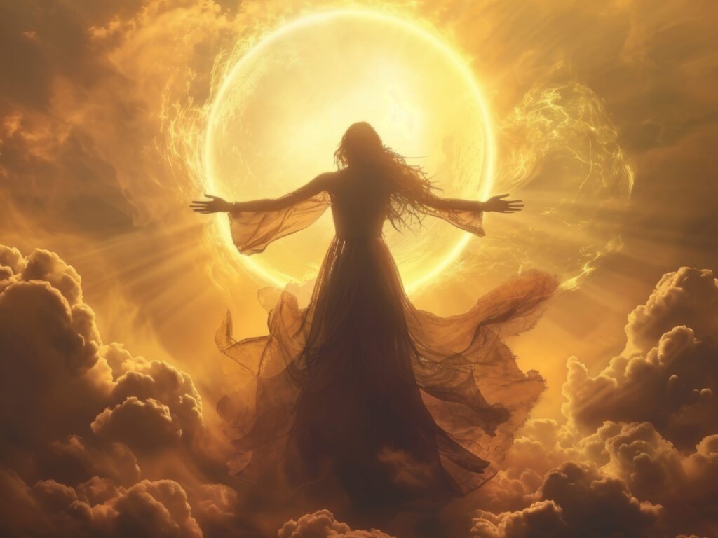 woman going towards a golden light that looks like a sun or a cell