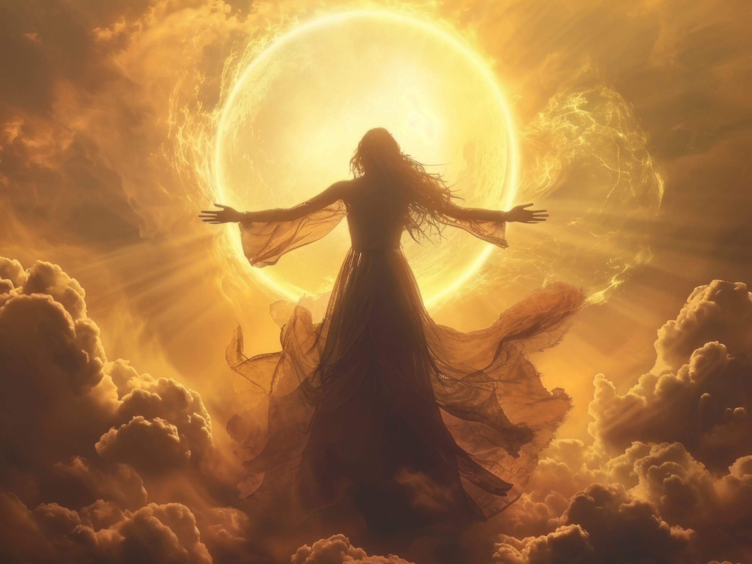 Radiant depiction of an empowered female figure standing before a glowing sun, symbolizing spiritual growth and enlightenment