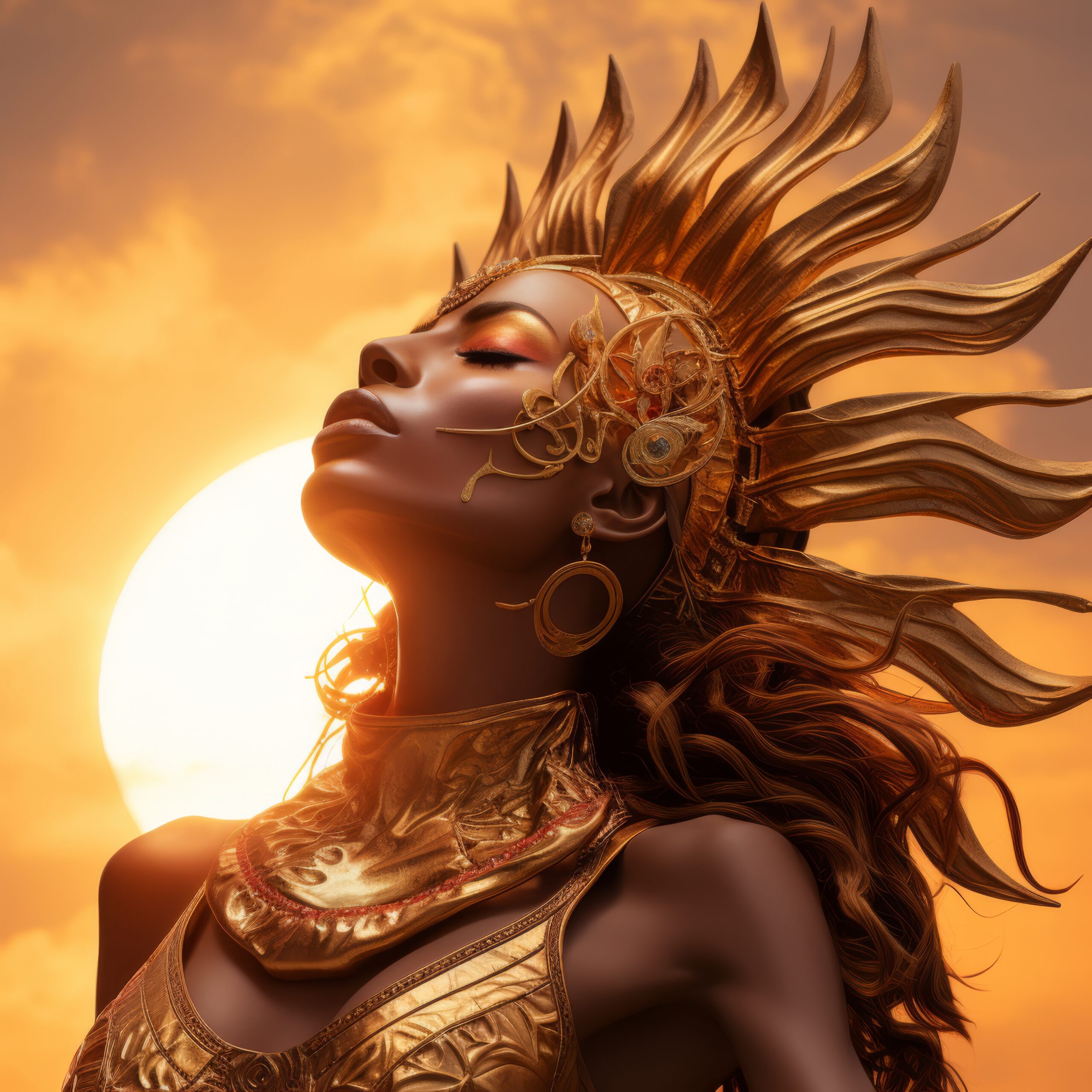 Radiant depiction of an empowered female sun goddess with golden adornments against a glowing sunset backdrop representing oshun for an article answering is Umbanda Voodoo?