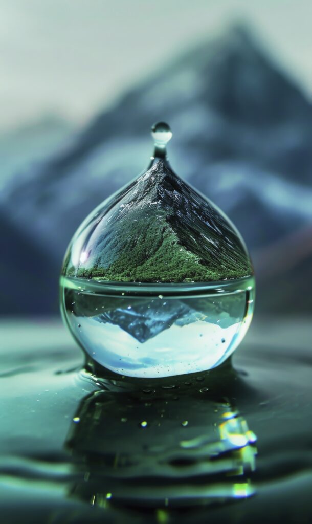 water drop with mountain in it, in the style of light green and dark azure, detailed world-building, vibrant worlds, minolta riva mini, ethical concerns, 