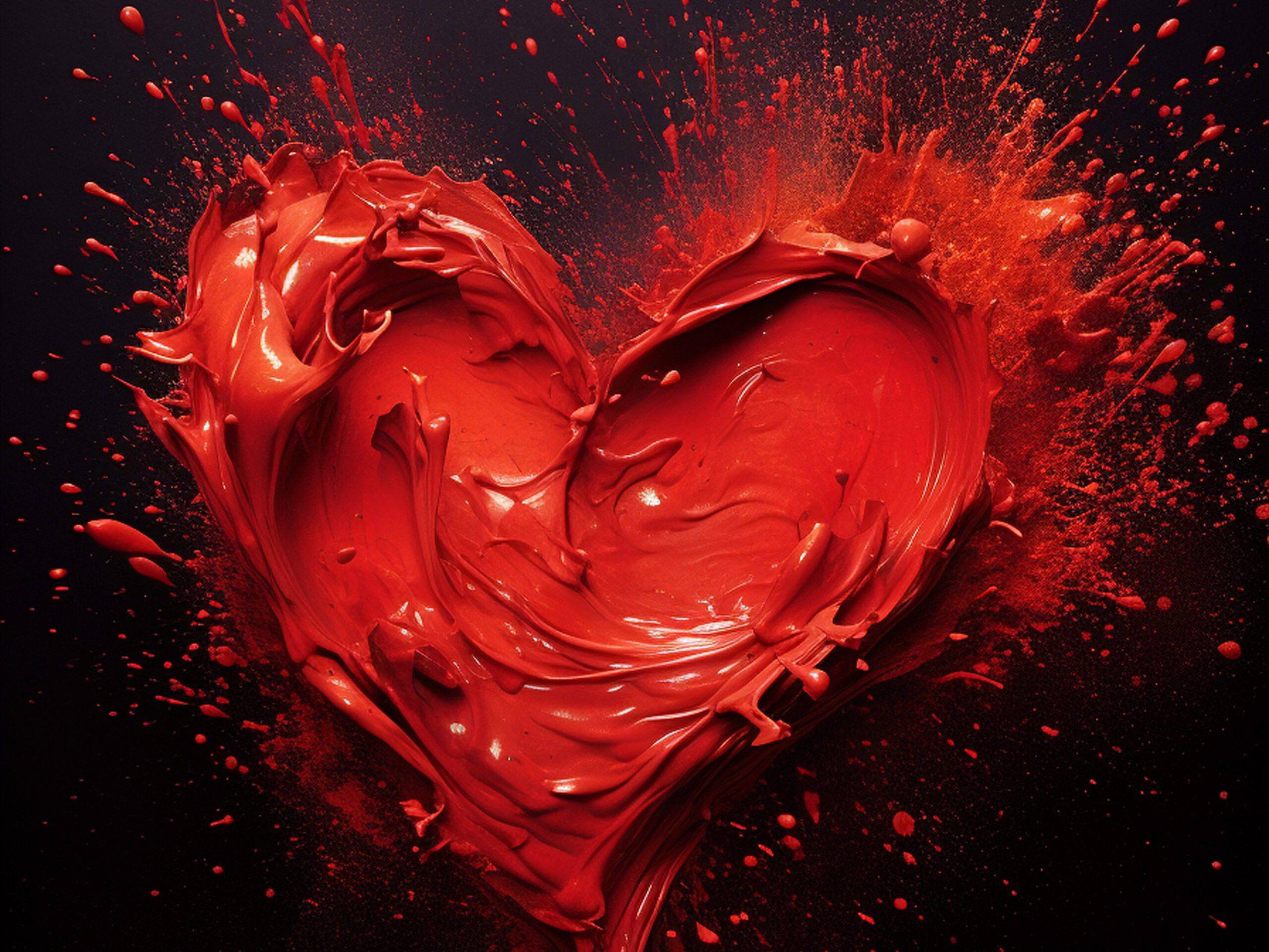 A striking image of a vibrant red 3D heart shape, intricately formed with dynamic splashes and swirls of paint. The intense red pigment creates a sense of passion and energy, set against a contrasting dark background. This artwork evokes powerful emotions and symbolizes the raw, expressive nature of love and creativity