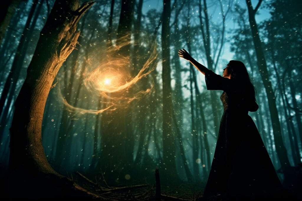 A mystical representation of dark feminine archetypes, showing a witch controlling magic in a dark forest