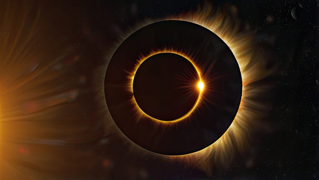 A solar eclipse with a glowing ring of sunlight around the darkened moon, symbolizing the spiritual meaning of solar eclipse and transformation