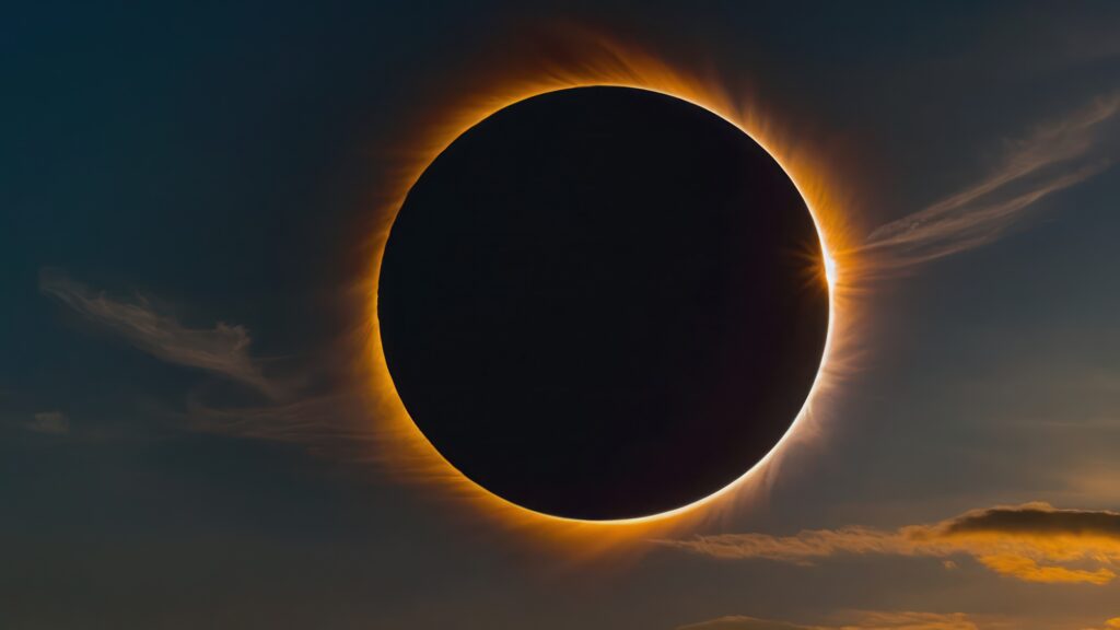 Sky during a solar eclipse with the sun partially obscured by the moon, creating a striking corona