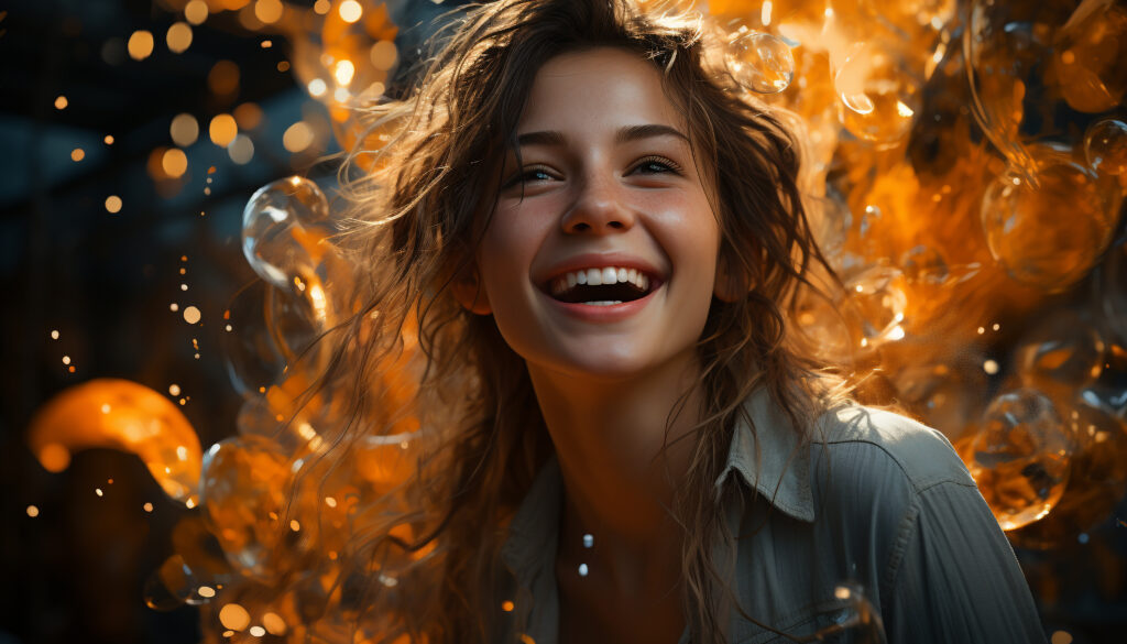 Smiling woman radiating high vibration, happiness, beauty, and cheerful joy, surrounded by glowing lights.