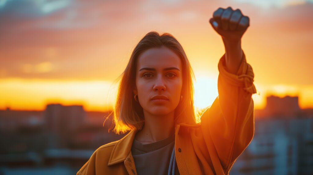 Stand strong. Woman with fist in the air. Feeling motivated, strength and courage concept.