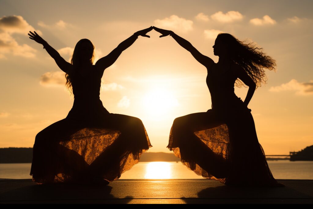 Silhouette of two women performing synchronized movements at sunset by the water, symbolizing harmony, balance, and spiritual connection.
