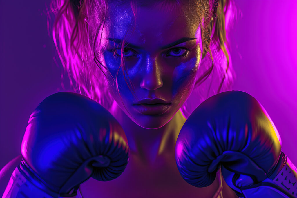 a 3D image. A young female boxer with purple war paint on her face and purple gloves. Feminist. Maximum quality. Purple background. Neon Light. --ar 3:2 --v 6 Job ID: 31e6efc2-8102-4fb0-a75d-26a191cd75ba