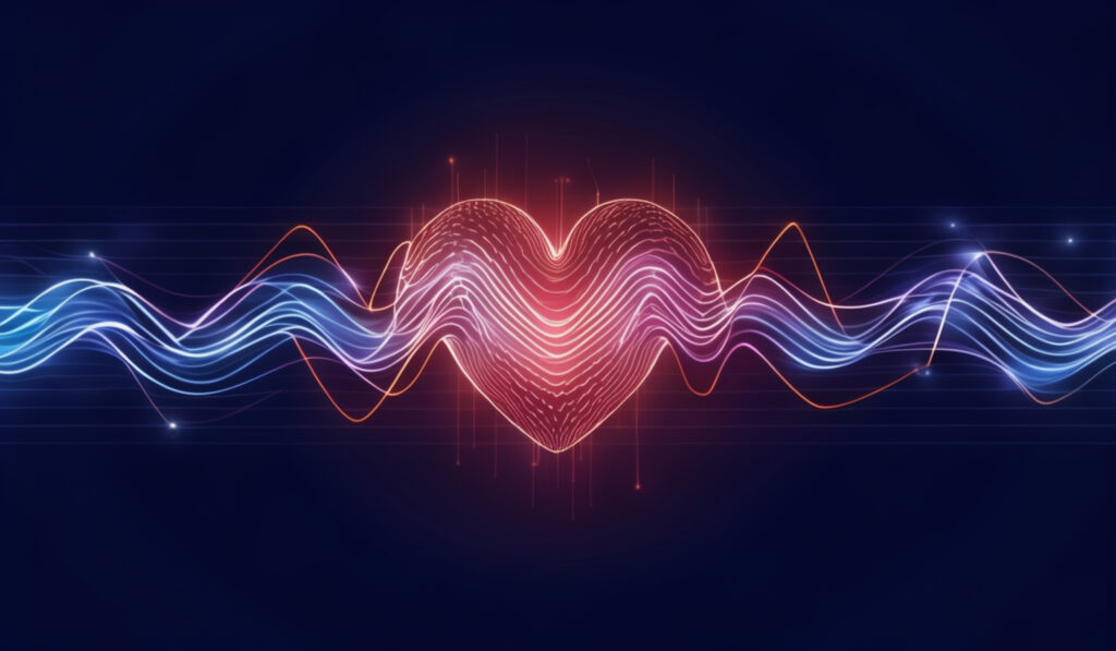 An abstract digital illustration of a heart with vibrant wave patterns emanating from it, symbolizing the concept of the law of vibration.