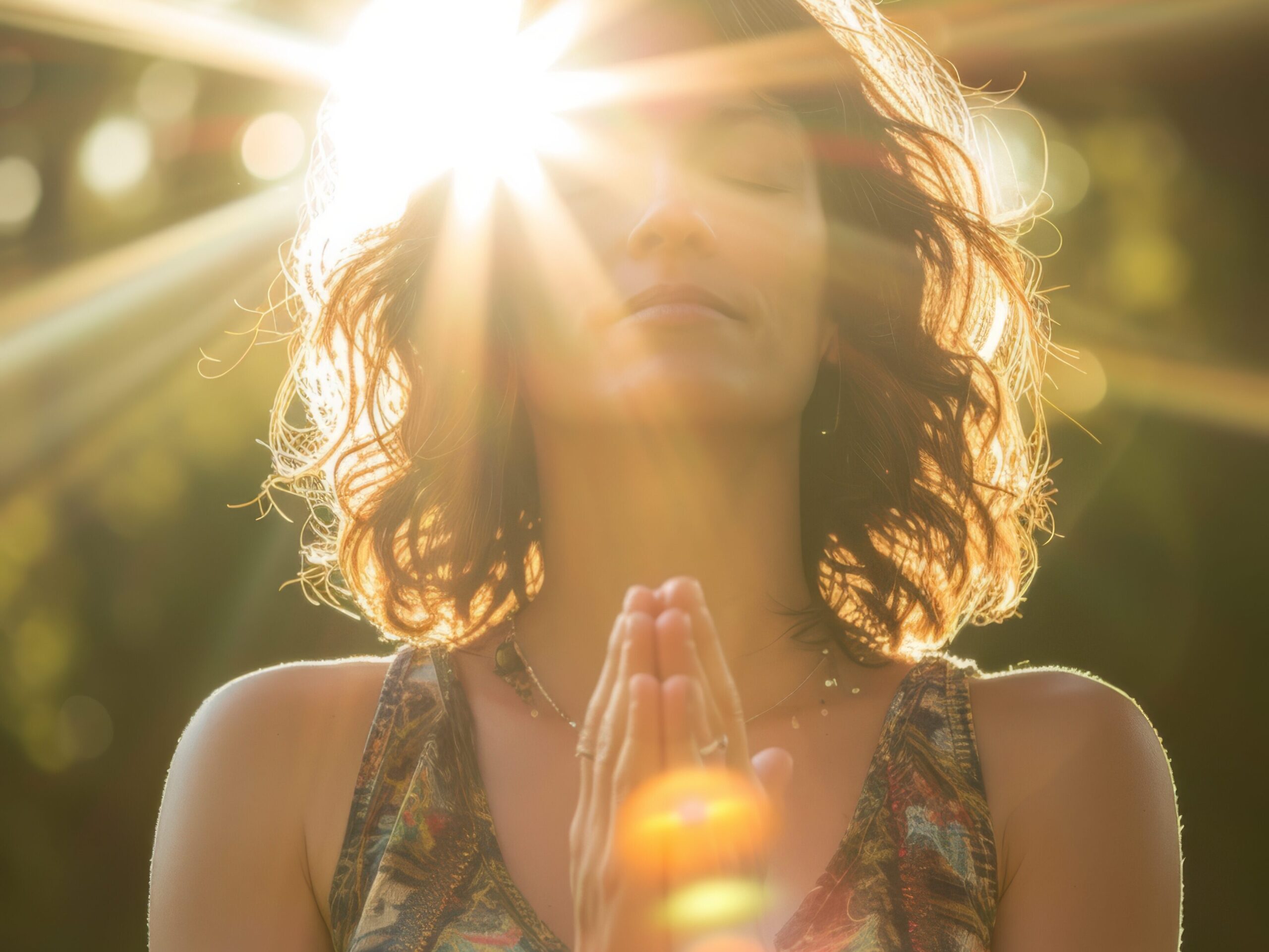 Woman standing outdoors with eyes closed and hands in prayer position, illuminated by bright sunlight, symbolizing spiritual growth and inner peace