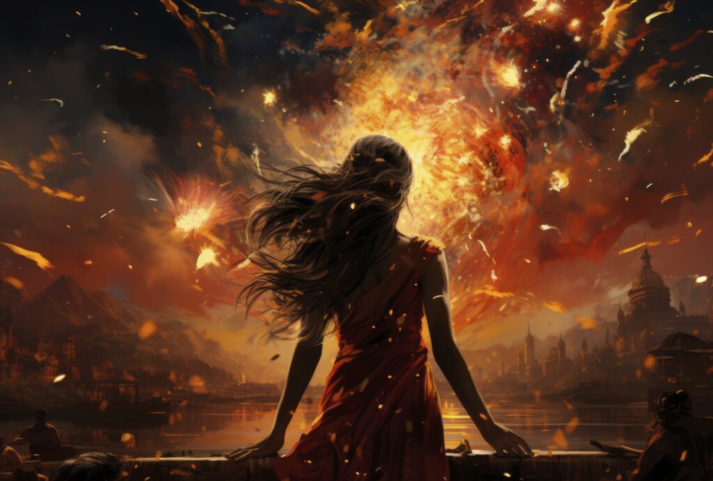 An expressive image of dark feminine archetypes, as a woman watches a city burn.