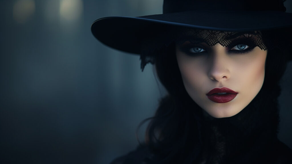 A striking representation of dark feminine archetypes with a woman in gothic style, featuring dark lips and intense eyes