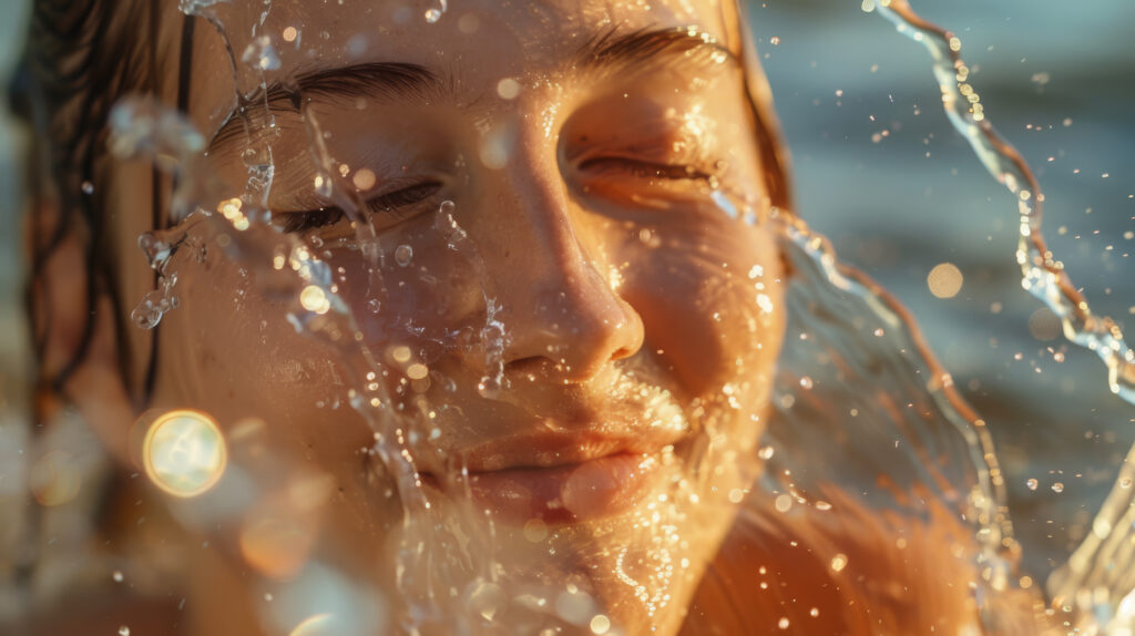 A woman joyfully embraces a splash of water on her face, eyes closed, bathed in warm sunlight, capturing a serene, refreshing summer moment.