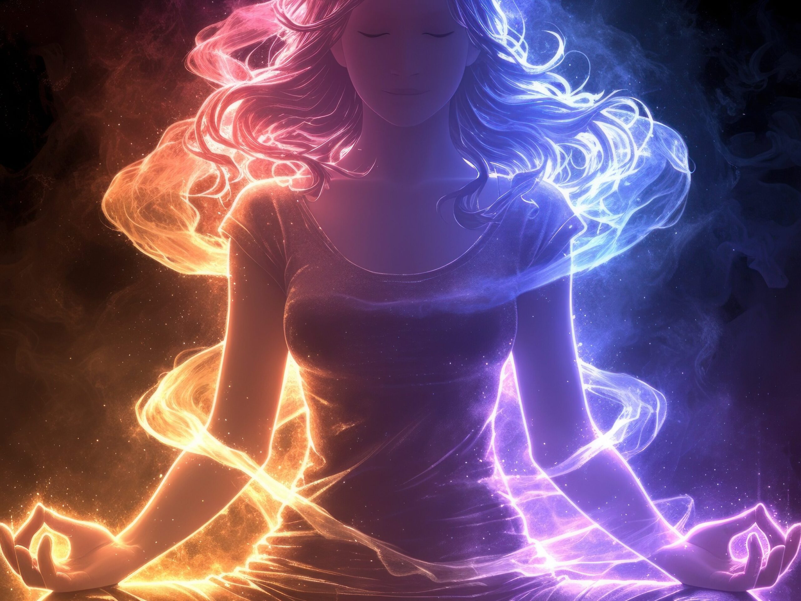 Illustration of a woman meditating with vibrant, colorful energy swirling around her, symbolizing spiritual growth and inner peace. woman in lotus position meditating in trance