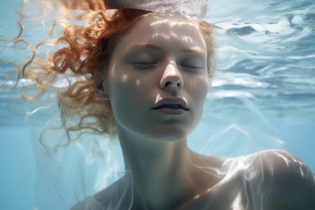 A serene woman with closed eyes submerged underwater, symbolizing the deep, refreshing process of energy cleansing and renewal