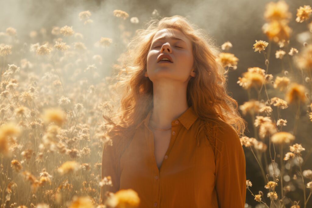 woman surrounded by wild flowers breathing in and absorbing the soothing atmosphere symbolising self care during the transition phase