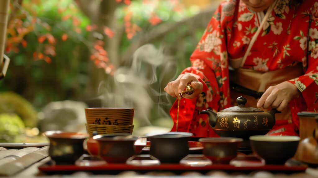 A woman wearing a kimono is pouring tea from a teapot into a cup The background is blurred and the woman is in focus