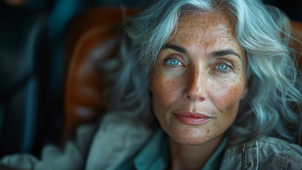 A mature portrayal of the crone with a woman having gray hair, reflecting wisdom and depth.