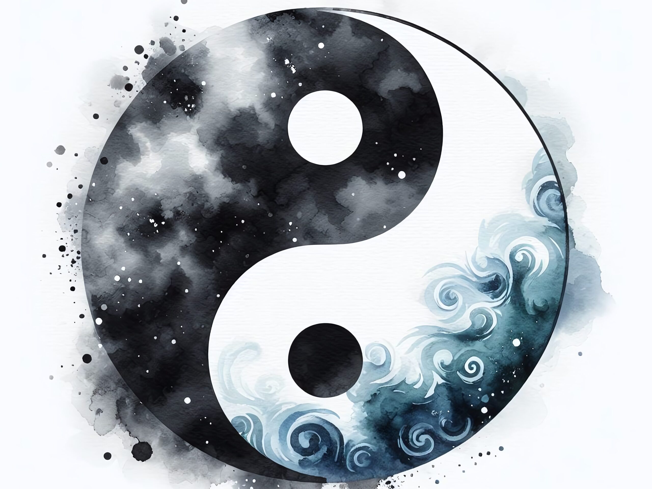 Watercolor illustration of the Yin-Yang symbol with floral and botanical elements, representing the balance and harmony between opposing forces