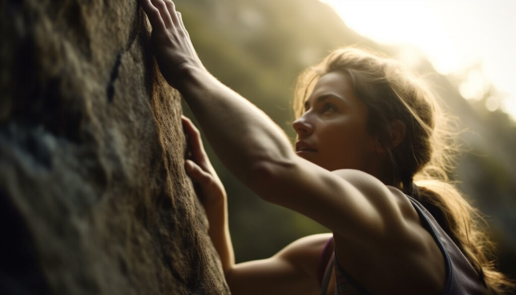 Young woman climbing mountain with determination and endurance 