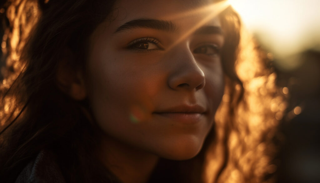 Young woman smiling, enjoying nature beauty and does not require external validation 