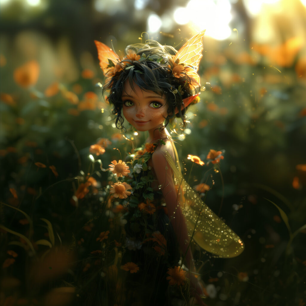 A whimsical 3D rendering of a cute fairy with vibrant wings and a flower crown, standing in a lush, sunlit garden