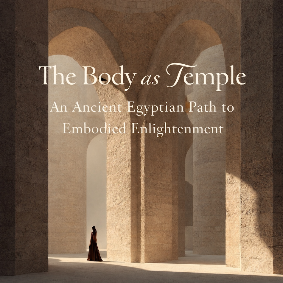 Ancient Egyptian-inspired stone temple interior with soft natural light and arches, symbolising the body as temple and an ancient path to embodied enlightenment.