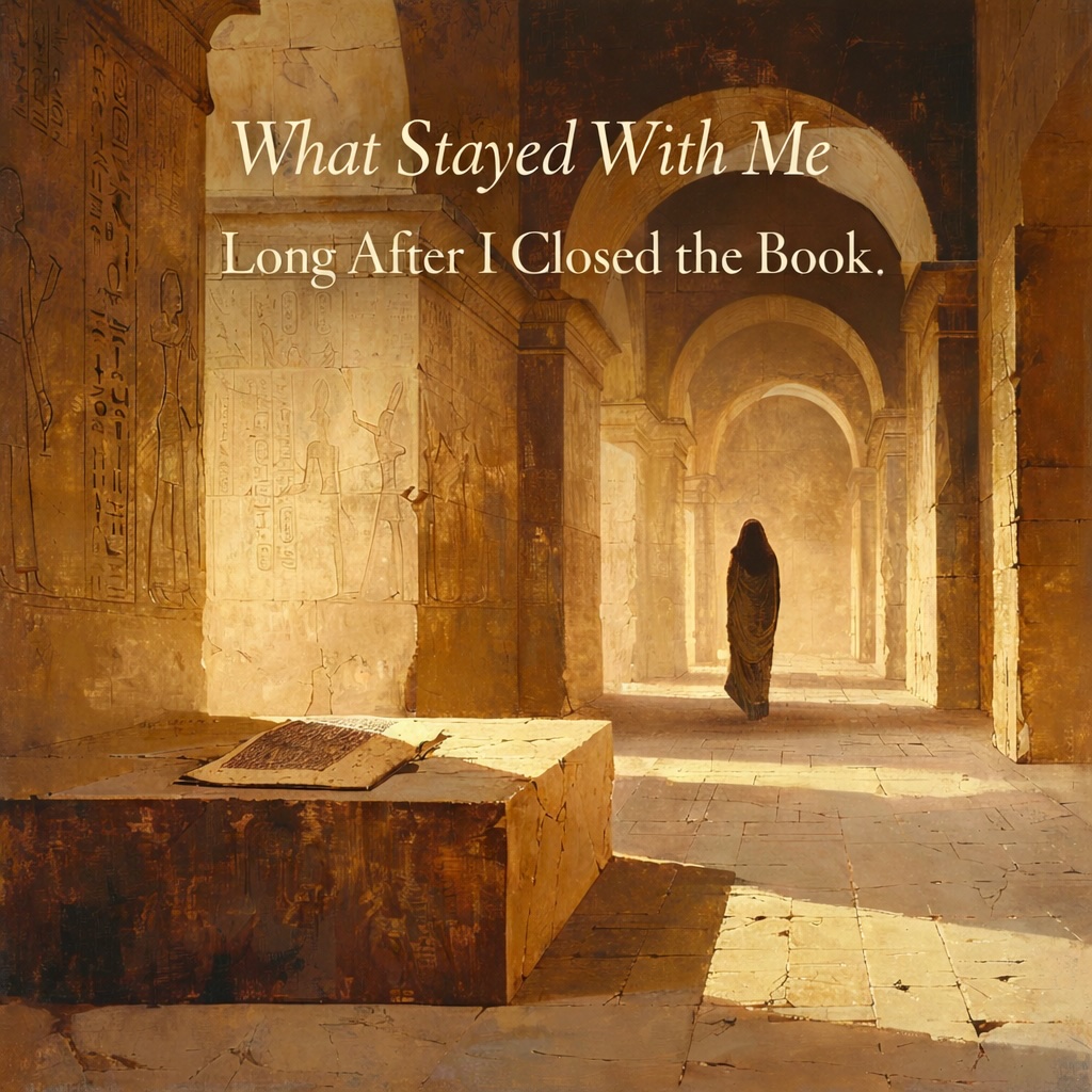 Ancient Egyptian temple corridor with a woman walking away from an open papyrus book on a stone altar, symbolising embodied wisdom, integration after study, and what remains in the body long after knowledge is received.
