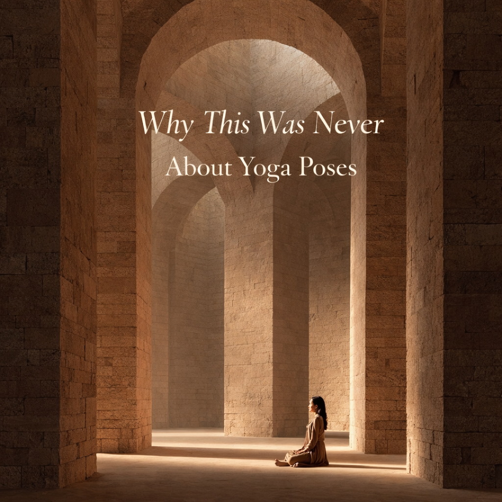 Ancient Egyptian temple interior symbolising the body as temple, with a woman seated in meditation beneath stone arches, representing embodied enlightenment, sacred architecture, and inner stillness beyond yoga poses.
